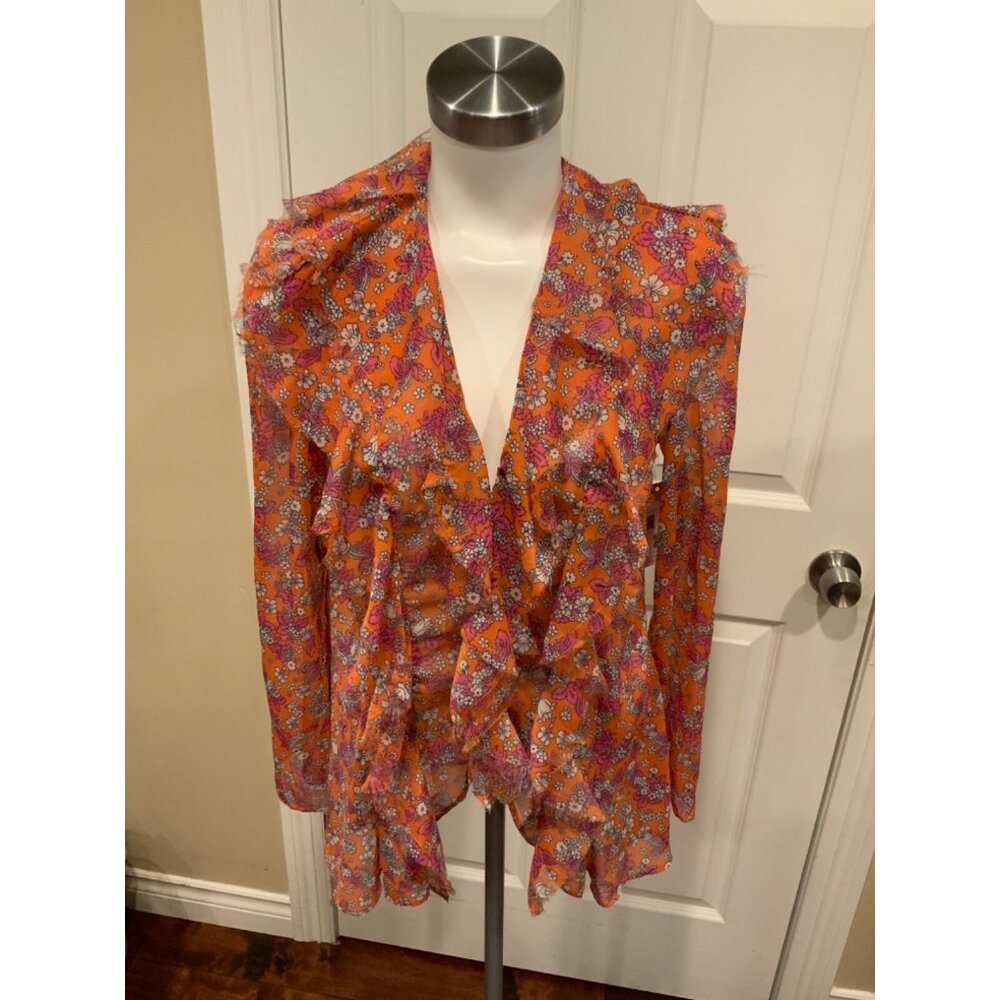 Free People Orange & Pink Floral Ruffle Button-Up Shirt, Size Large